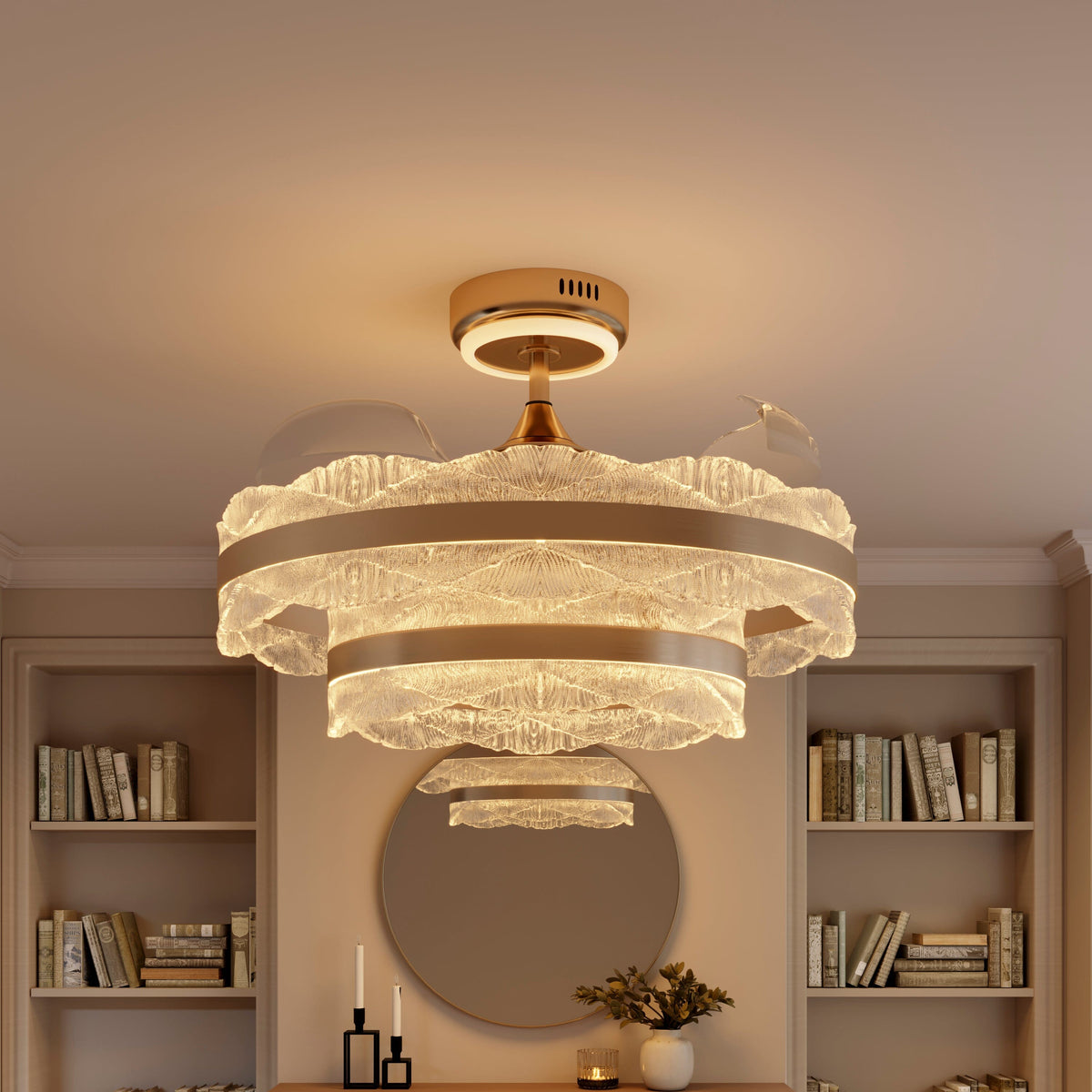 Lightsin Luxury Gold Frame LED Ceiling Fan Light with Retractable Blades Lightsin UK Version A: Water Ripple Double