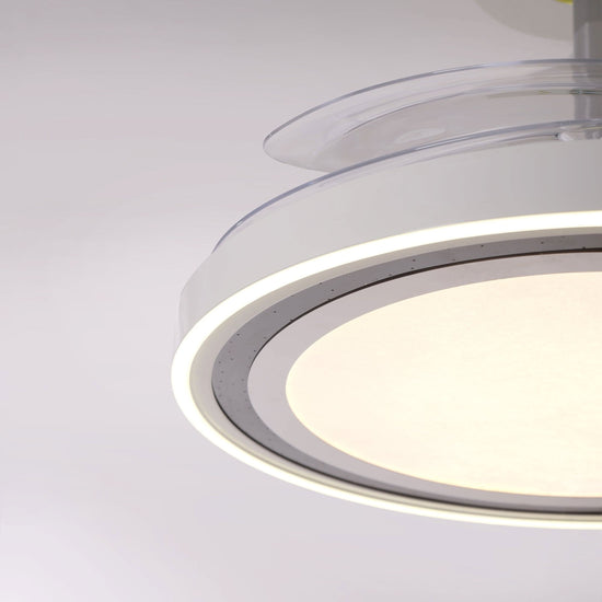 48 inch reversible ceiling fan with LED light cooling a bright bedroom
