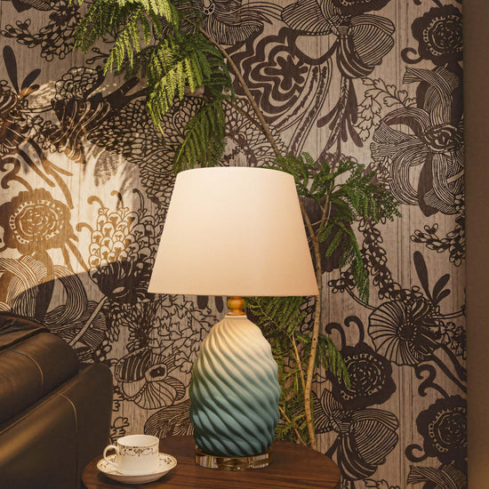 3D Blue Green White Gradient Threaded Ceramic Table Lamp with Fabric Shade