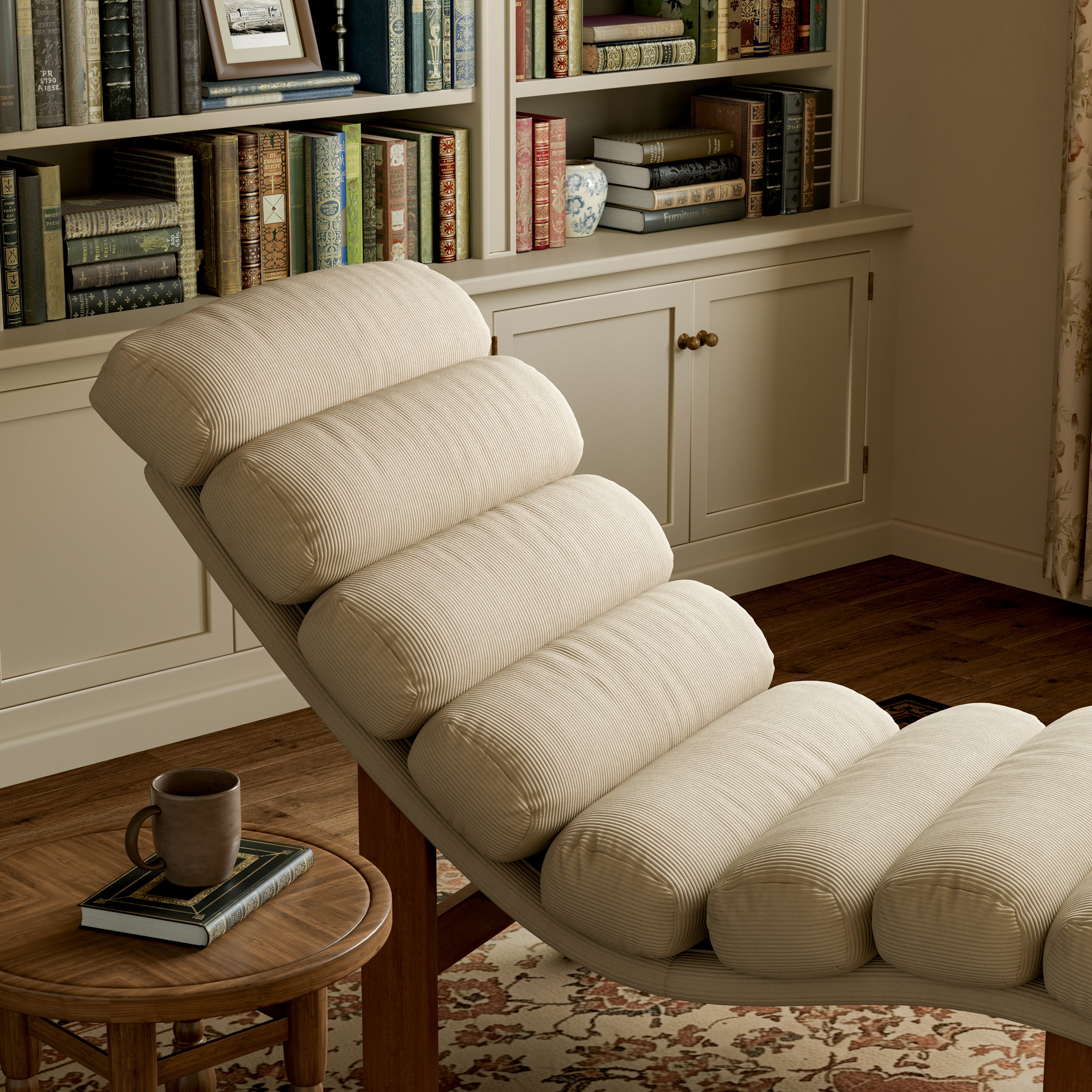 Modern Ergonomic Corduroy Chaise Lounge with Natural Wooden Frame