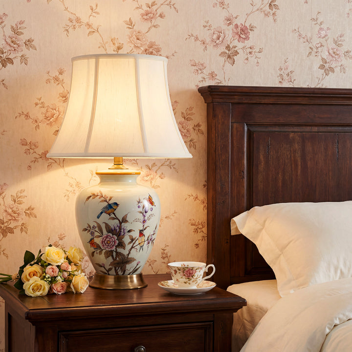 Hand-Painted Vintage Ceramic Bird & Floral Table Lamp in Soft Celadon Green for Living Room, Bedroom
