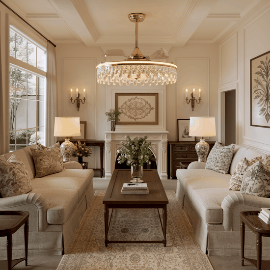 Gold crystal ceiling fan light showing remote-controlled fan and lighting functions