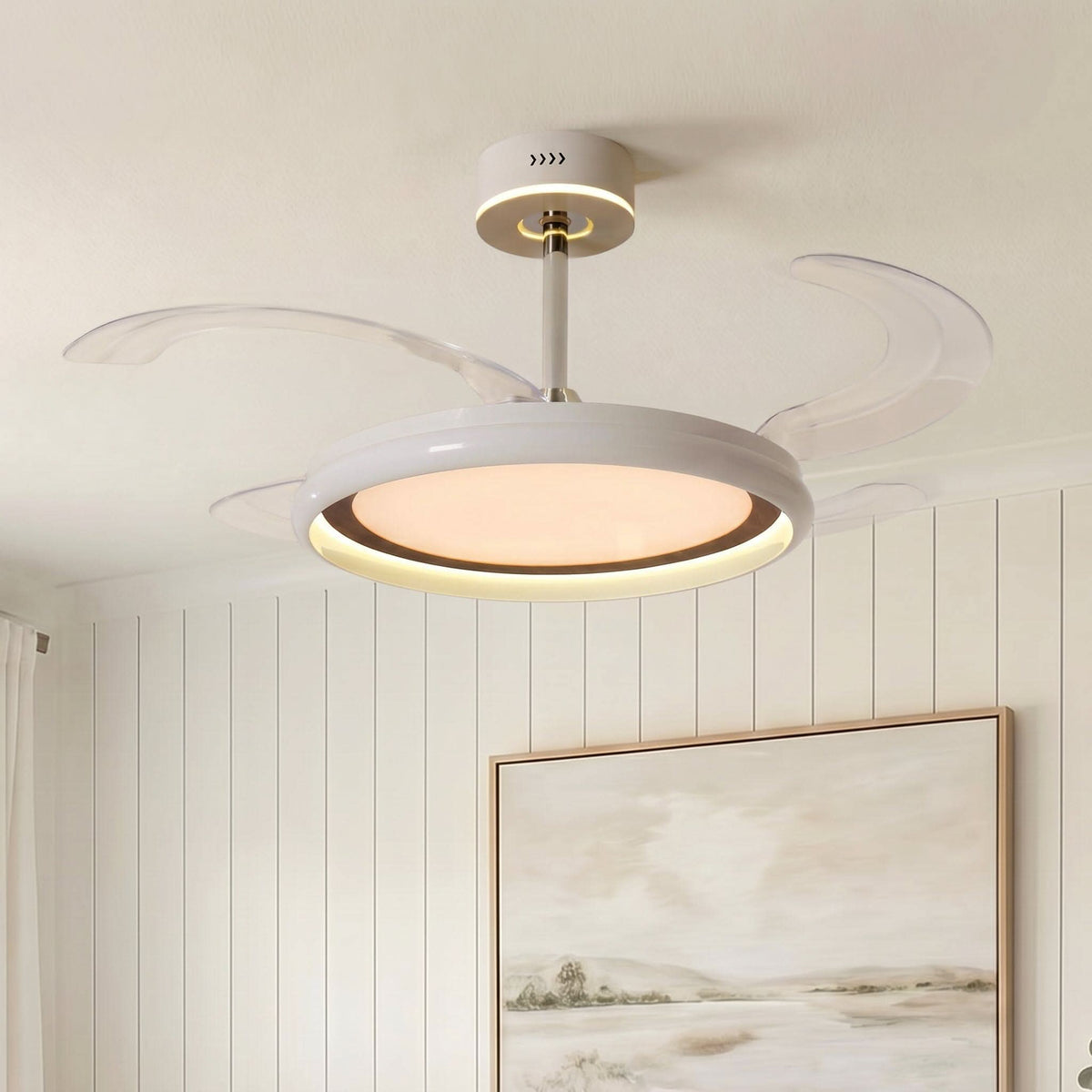 48 inch reversible ceiling fan with LED light with dimensions shown for installation