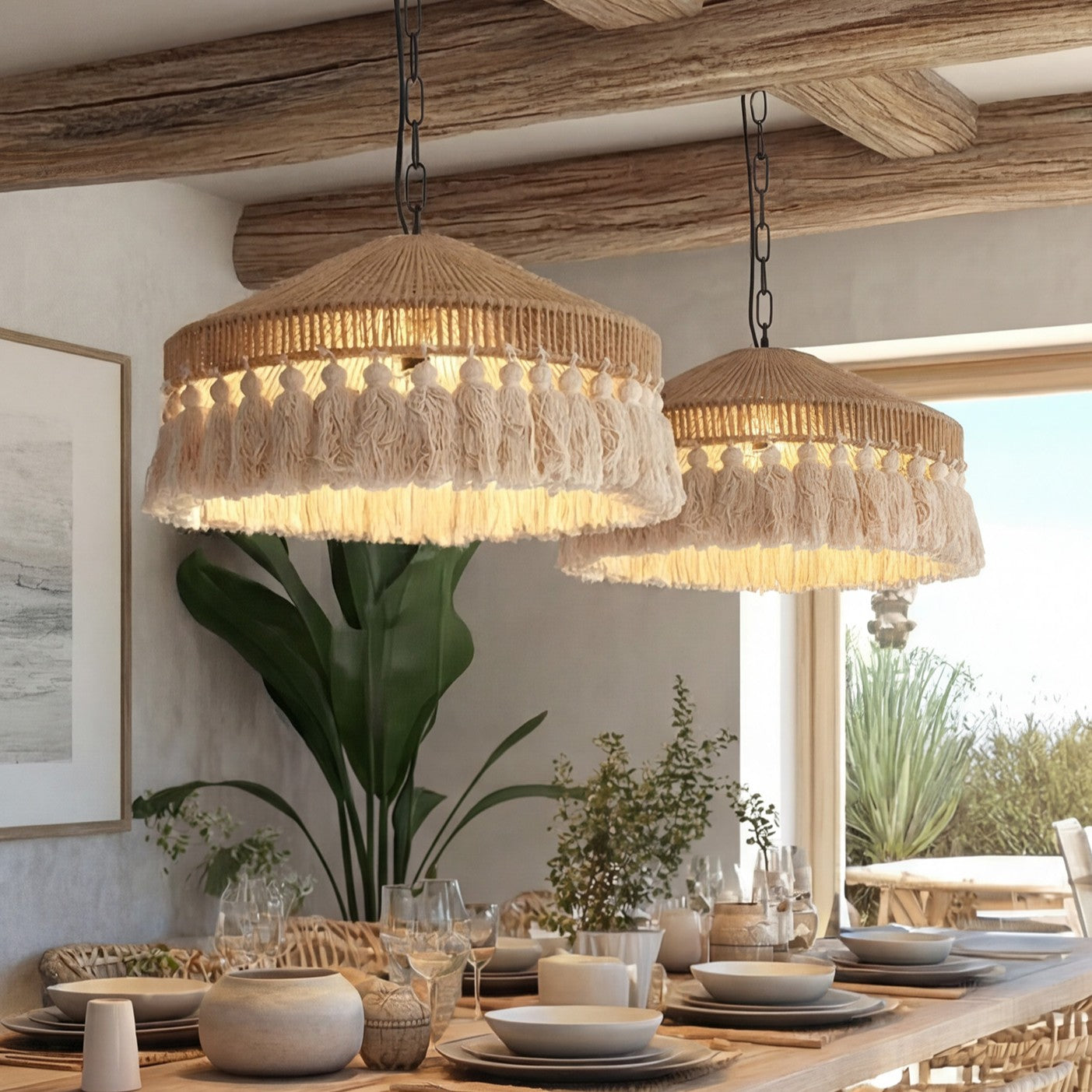 Boho Woven Pendant Light with Tassels, Handcrafted Hemp Rope Hanging Ceiling Light for Dining Room & Living Room