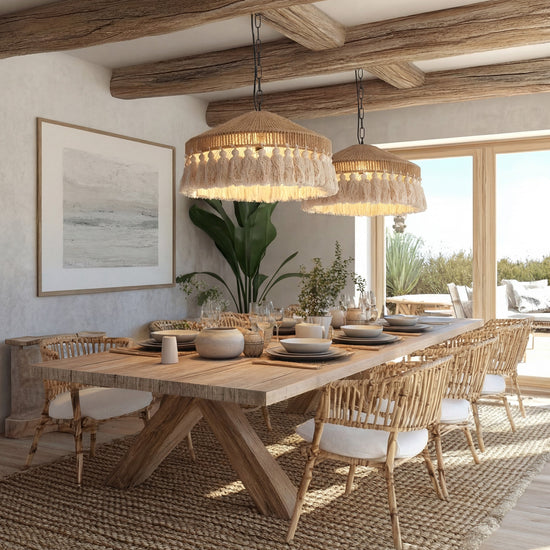 Boho Woven Pendant Light with Tassels, Handcrafted Hemp Rope Hanging Ceiling Light for Dining Room & Living Room