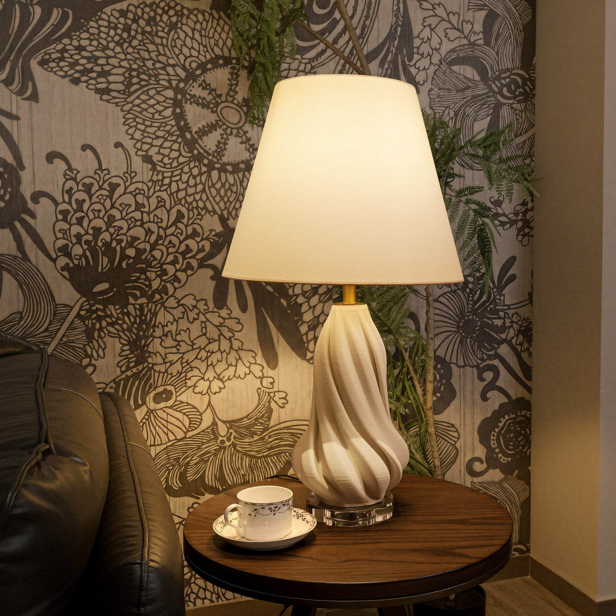 Lightsin 3D Pure White Ceramic Spiral Vase Table Lamp with Fabric Shade Lightsin UK