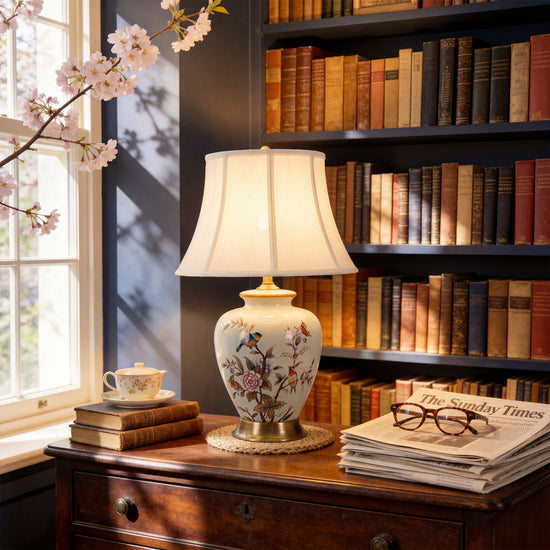 Hand-Painted Vintage Ceramic Bird & Floral Table Lamp in Soft Celadon Green for Living Room, Bedroom