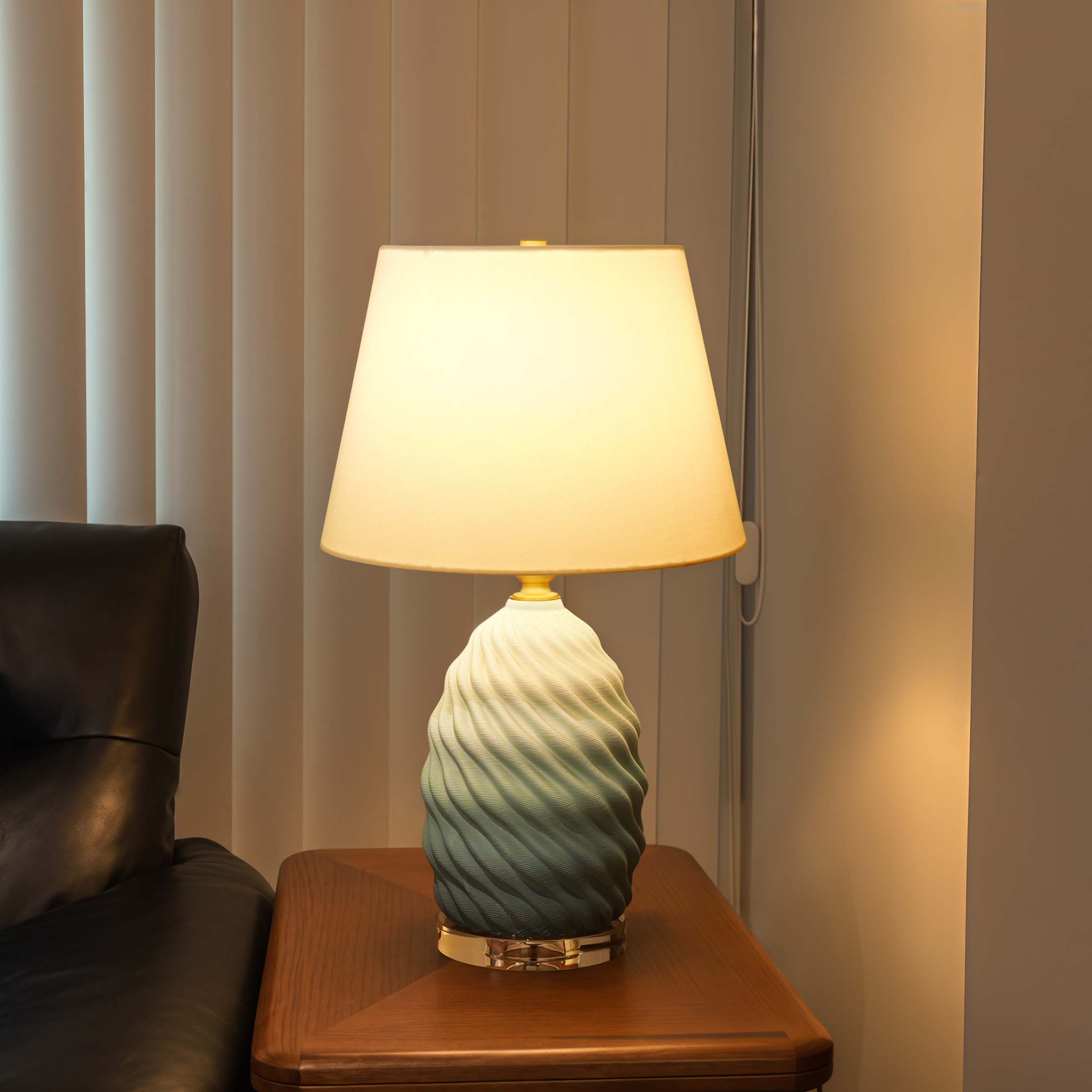3D Blue Green White Gradient Threaded Ceramic Table Lamp with Fabric Shade