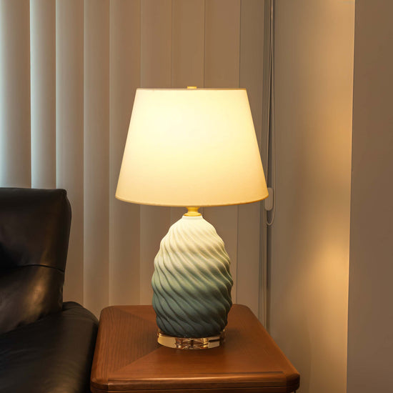 3D Blue Green White Gradient Threaded Ceramic Table Lamp with Fabric Shade
