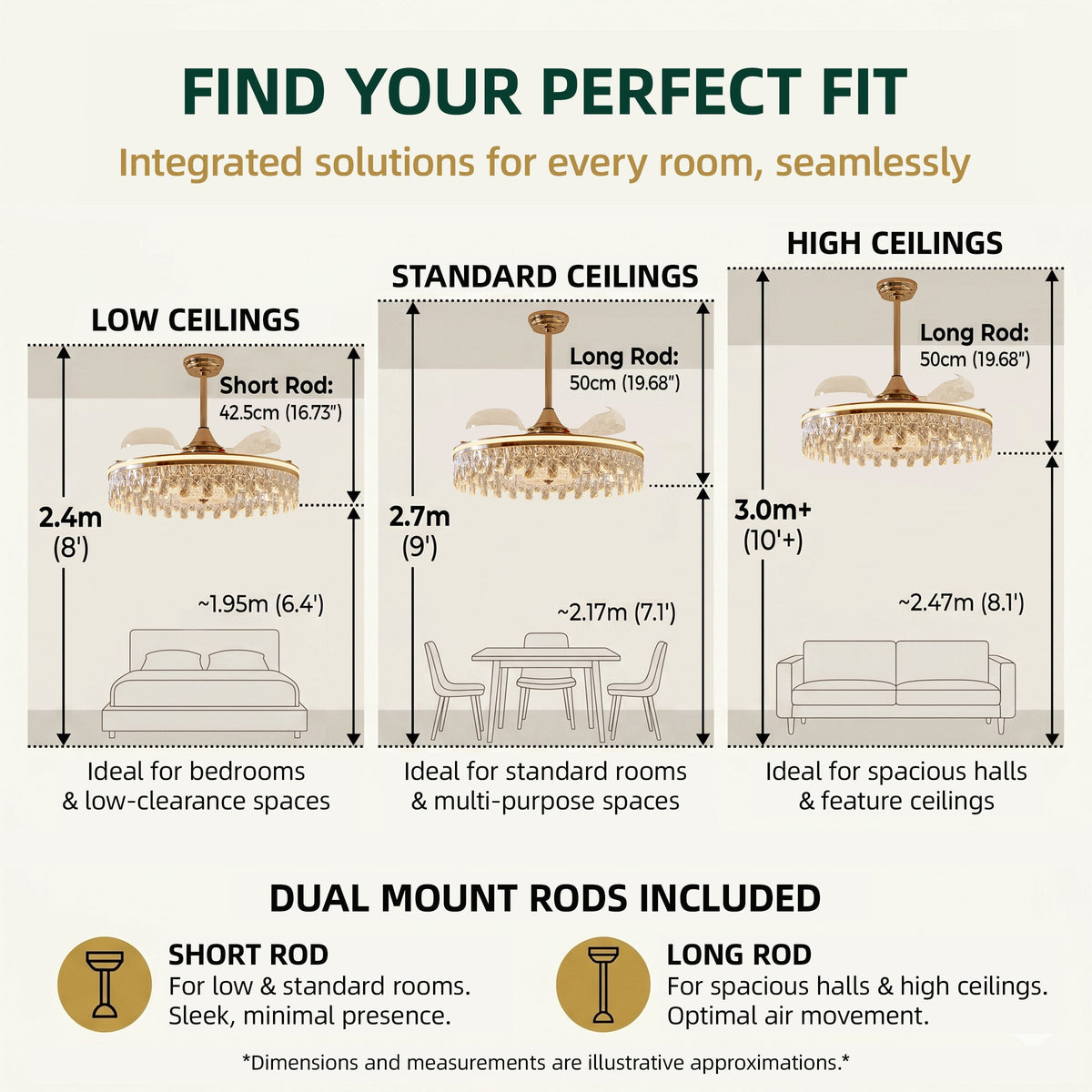 60cm modern gold crystal ceiling fan light feature and dimension display