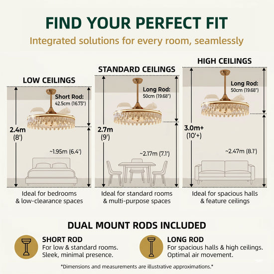 60cm modern gold crystal ceiling fan light feature and dimension display