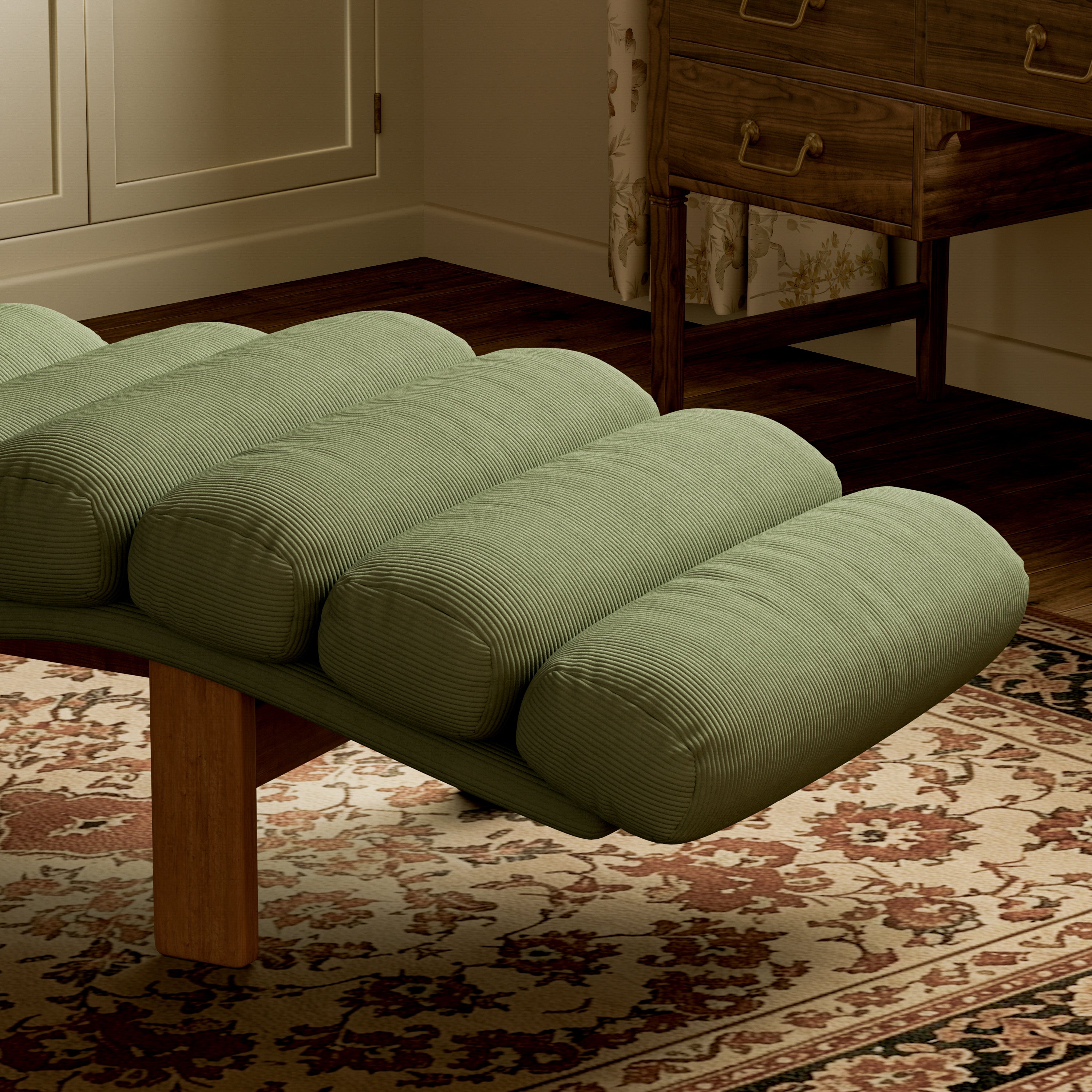 Modern Ergonomic Corduroy Chaise Lounge with Natural Wooden Frame