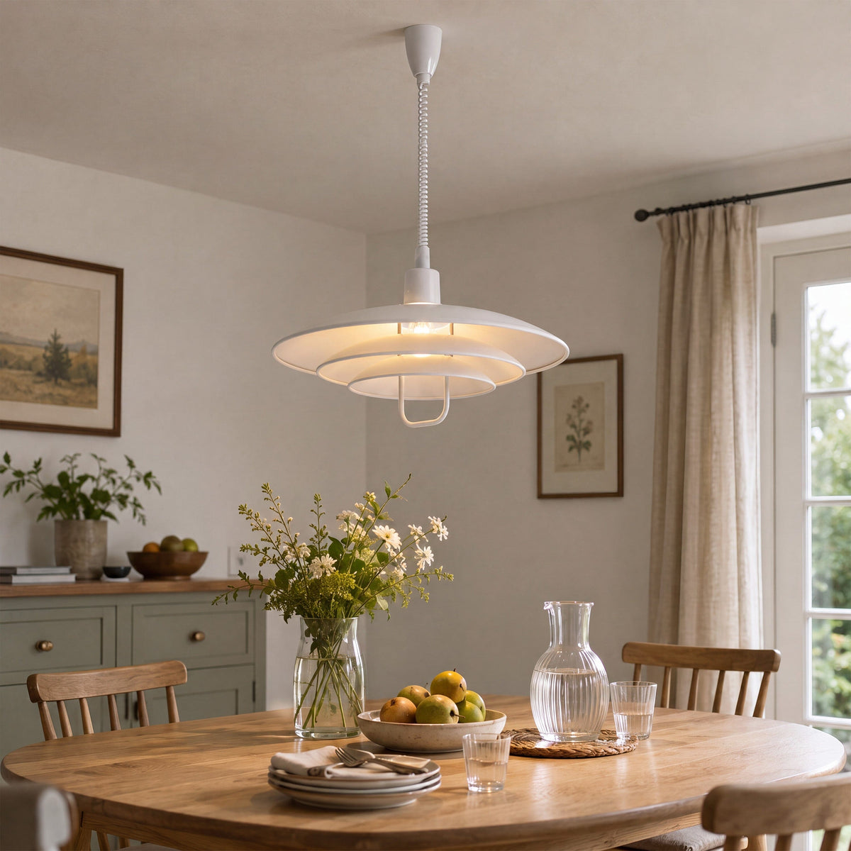 white layered minimalist pendant light styled in a calm bedroom