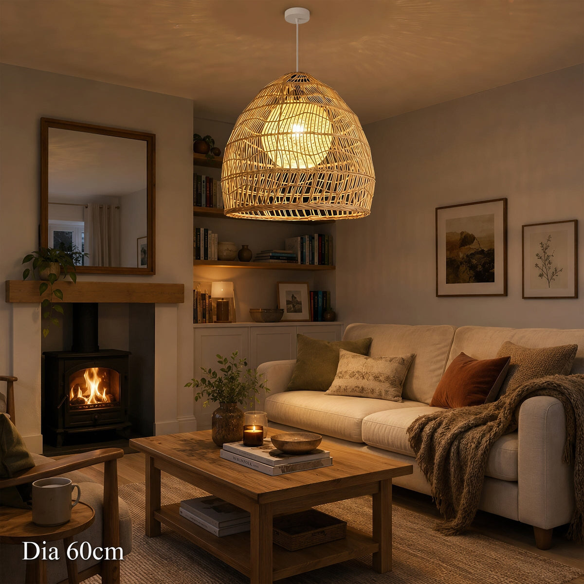 Lightsin Natural Rattan Pendant Light with Optional Woven Inner Sphere Lightsin UK B: with Yellow Sphere (White Wire) 60cm Dia In Stock