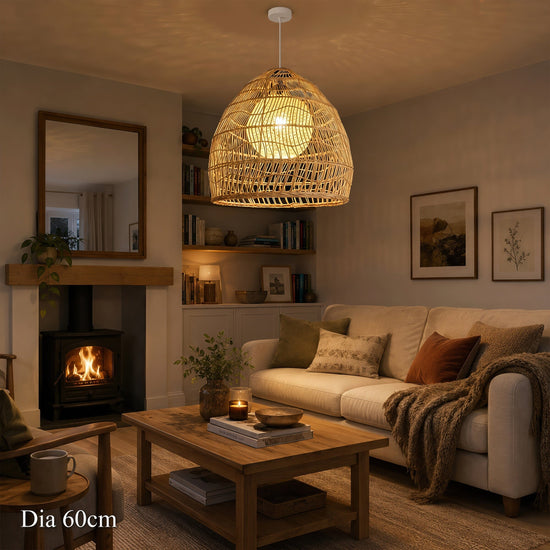 Lightsin Natural Rattan Pendant Light with Optional Woven Inner Sphere Lightsin UK B: with Yellow Sphere (White Wire) 60cm Dia In Stock