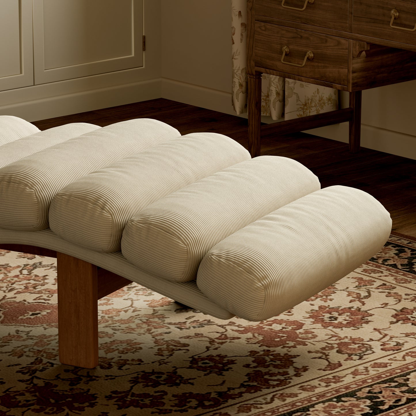 Modern Ergonomic Corduroy Chaise Lounge with Natural Wooden Frame