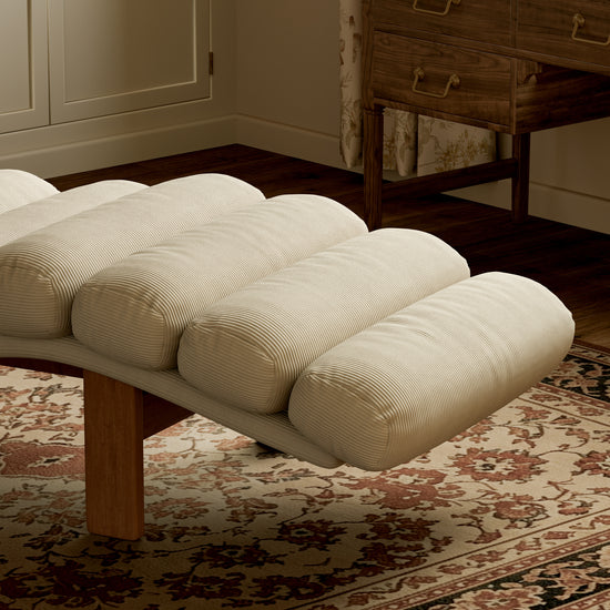 Modern Ergonomic Corduroy Chaise Lounge with Natural Wooden Frame