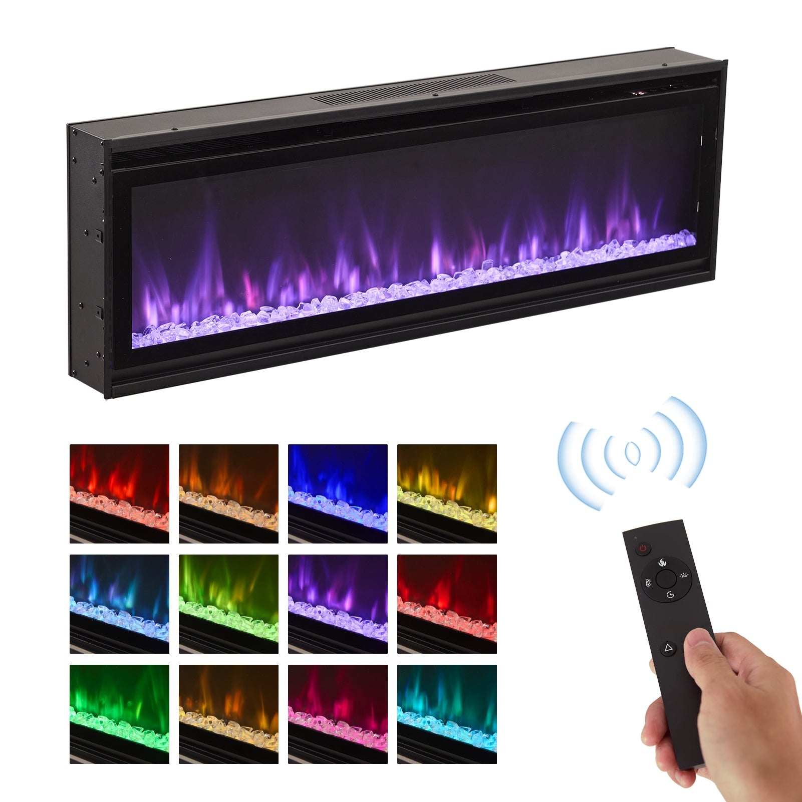 40/50/60inch Black Wall Mounted & Recessed Electric Fireplace with Adjustable Flame & Brightness