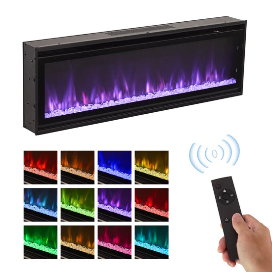40/50/60inch Black Wall Mounted & Recessed Electric Fireplace with Adjustable Flame & Brightness