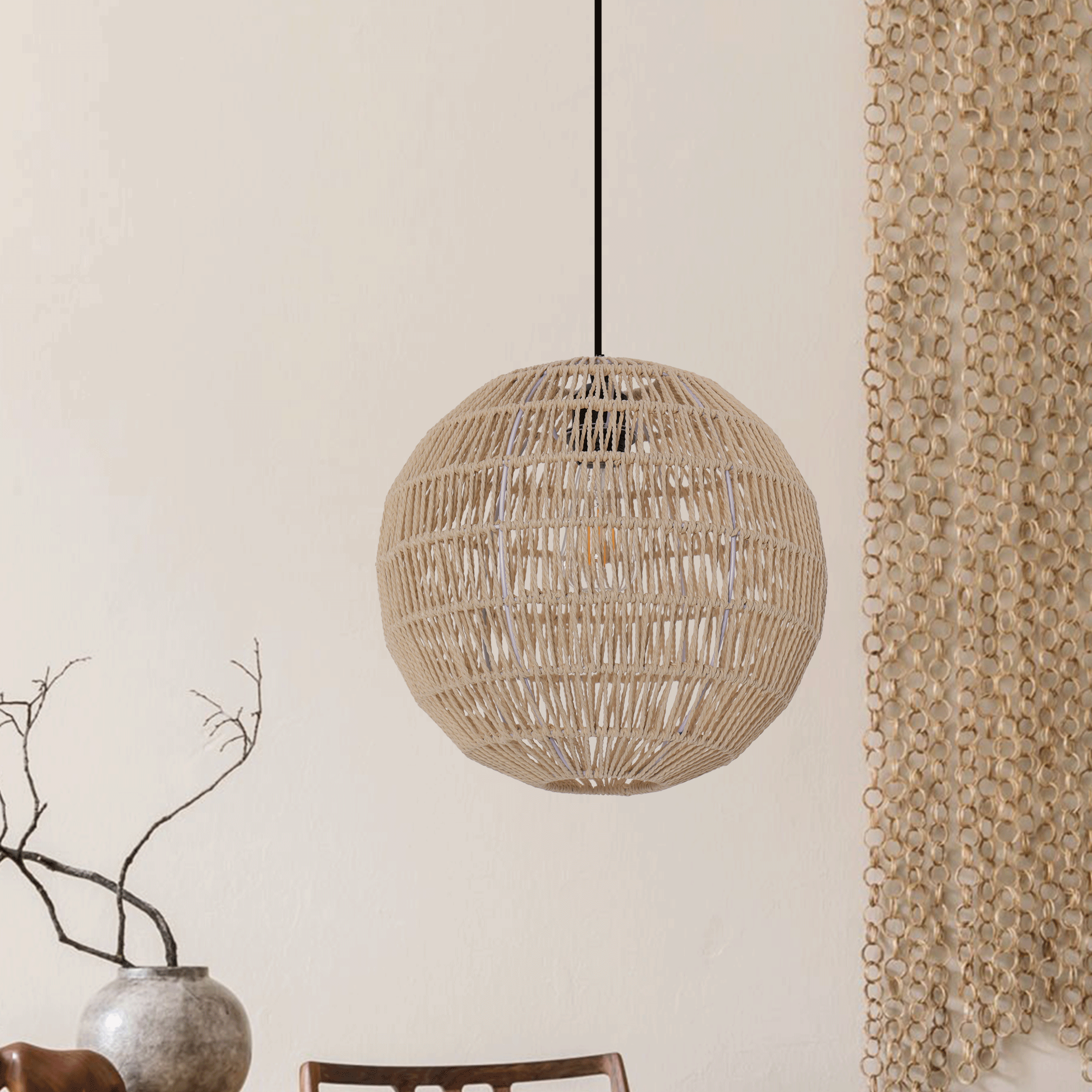Living Nest UK Handwoven Cotton Rope and Iron Round Pendant Light for Cozy Spaces Living Nest UK