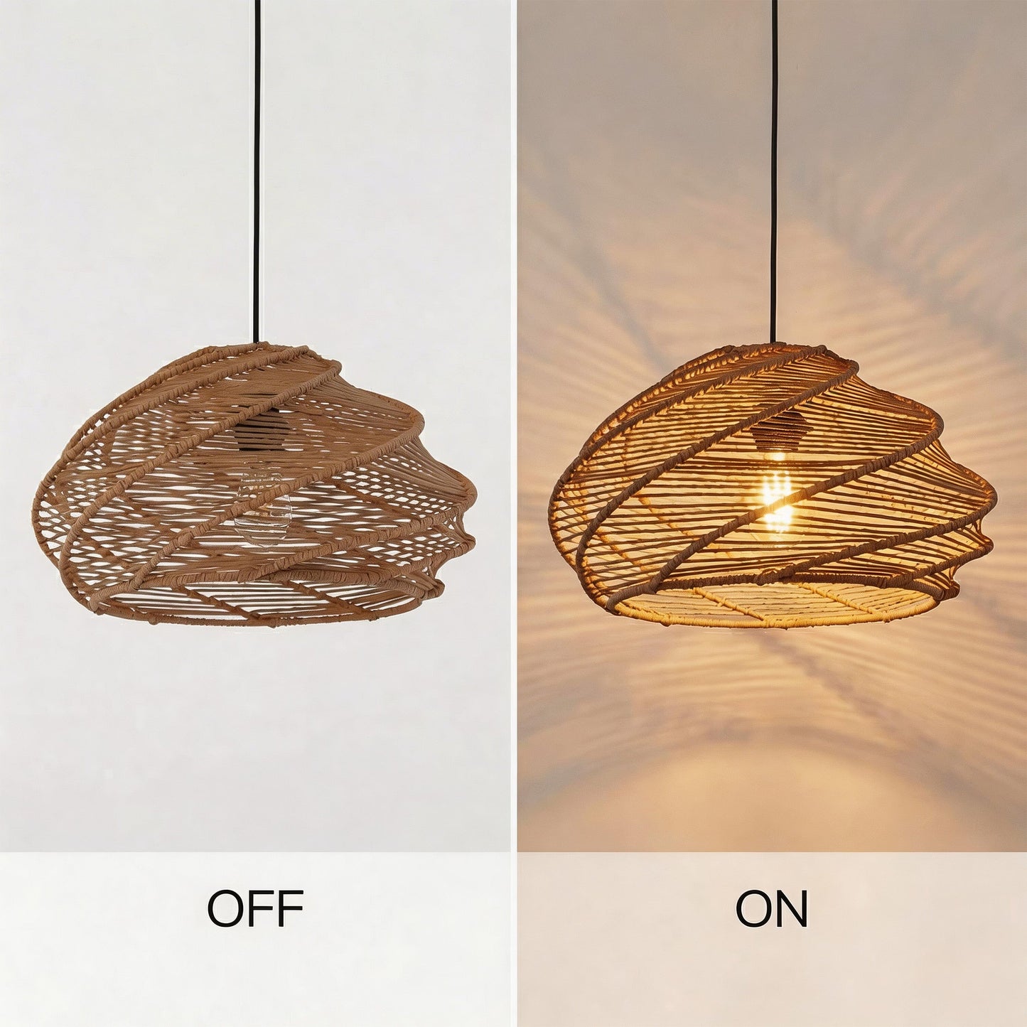 spiral rattan pendant light on and off comparison showing warm wall pattern