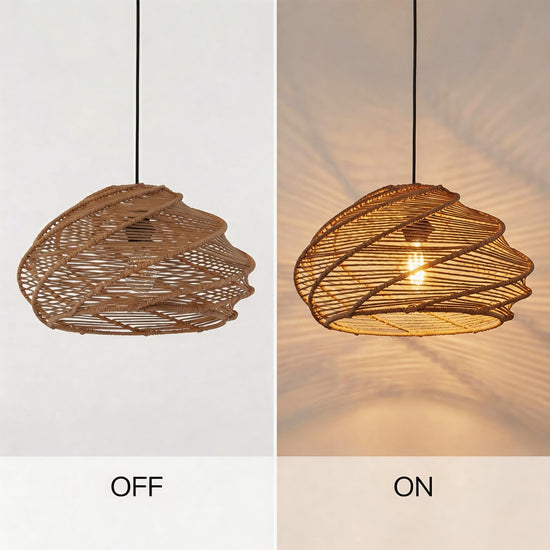 spiral rattan pendant light on and off comparison showing warm wall pattern
