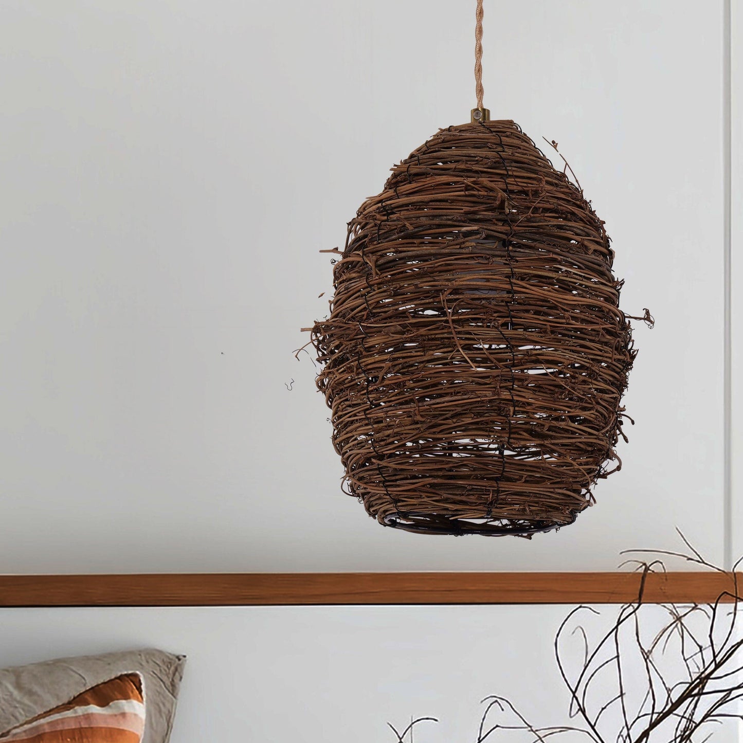 Living Nest UK Handcrafted Rustic Woven Rattan and Iron Pendant Light Living Nest UK In Stock
