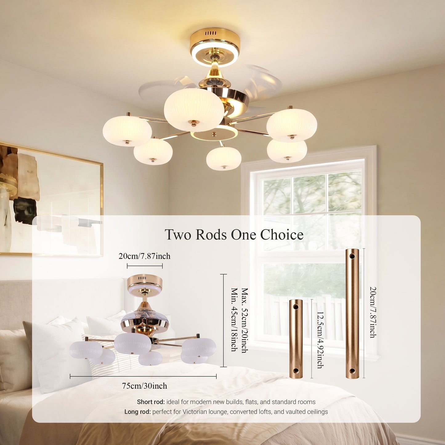 Ceiling Fan Light with 6-Speed Control in Copper and Acrylic