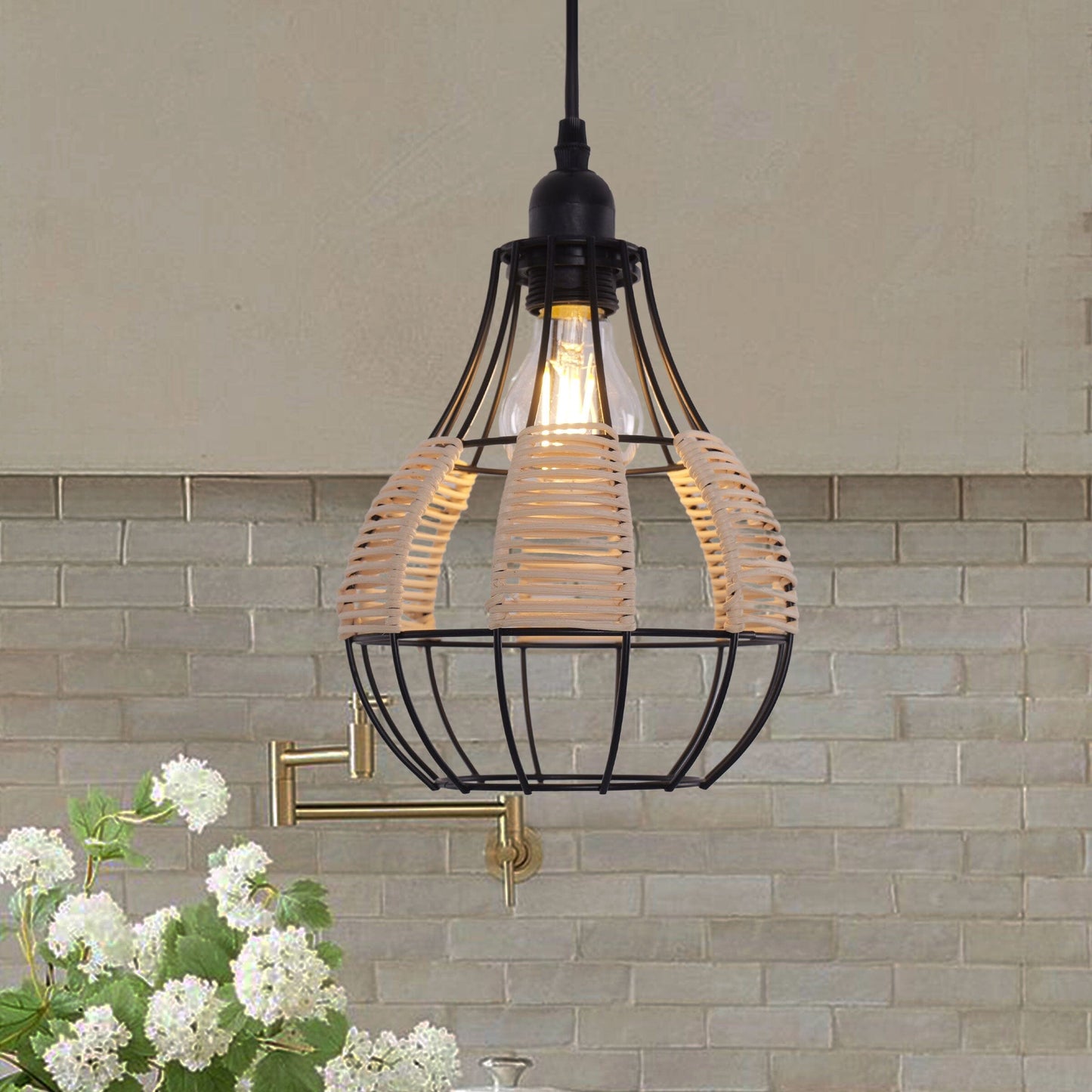 Rustic Dining Room Woven Rattan Paper Rope Iron Chandelier for Kitchen Aisle Reading Corner Living and Home D