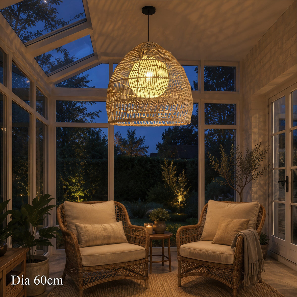 60cm rattan pendant light with warm glow in a conservatory seating area