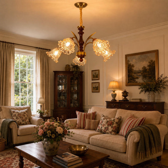 5-light copper chandelier with flower glass shades with close-up glass flower detail