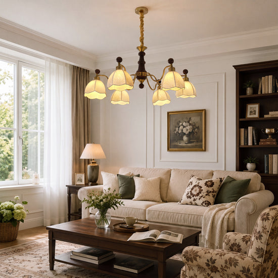 6-light chandelier with yellow fabric shades with canopy and shade details