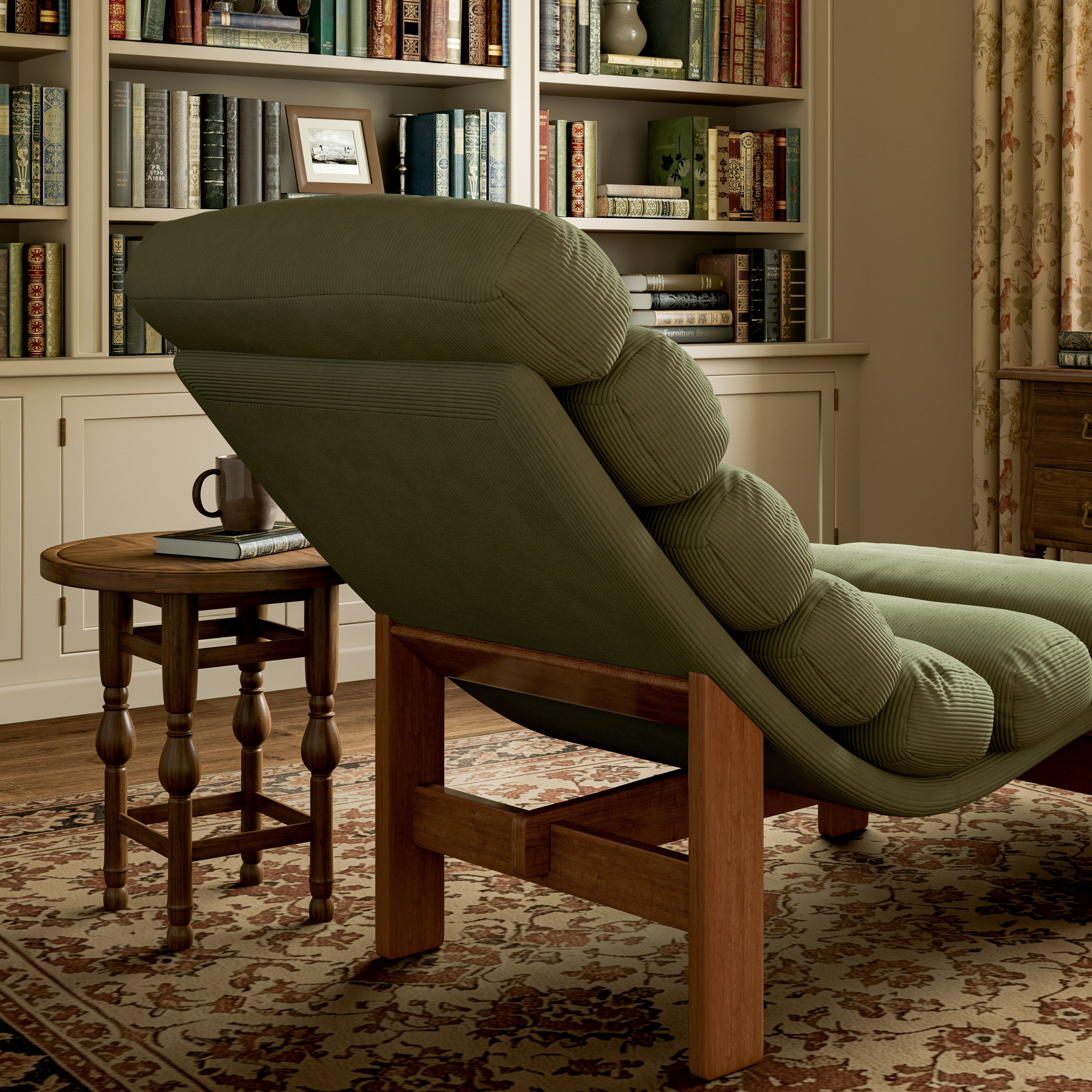 Modern Ergonomic Corduroy Chaise Lounge with Natural Wooden Frame