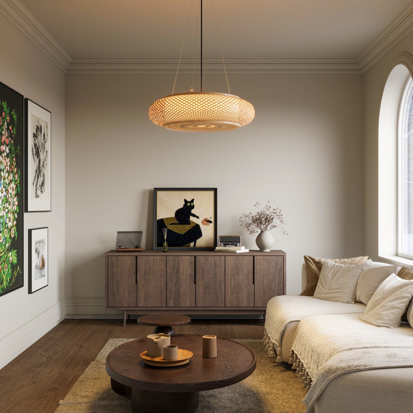 bamboo pendant light in a neutral living room