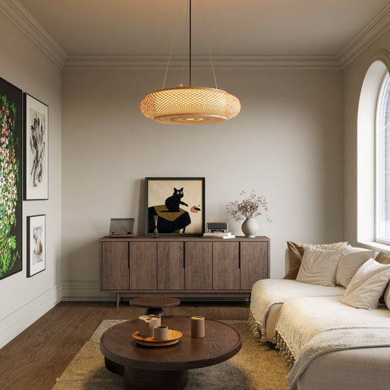 bamboo pendant light in a neutral living room