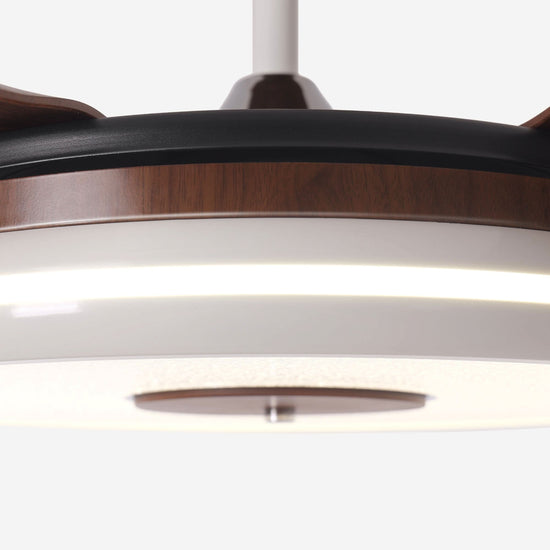48 inch ceiling fan with dimmable LED light shown from below with LED light on