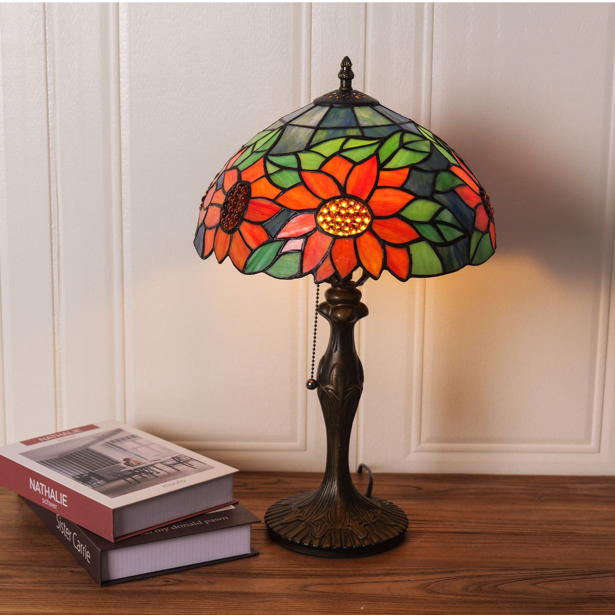 Living Nest UK Tiffany Table Lamp | Handcrafted Stained Glass Floral Petals Series Green and Blue Living Nest UK