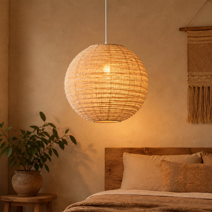 Wabi-Sabi Linen Spherical Pendant Light for Bedroom, Dining Room & Boho Interiors