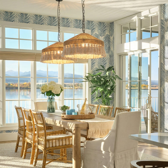 Boho Woven Pendant Light with Tassels, Handcrafted Hemp Rope Hanging Ceiling Light for Dining Room & Living Room