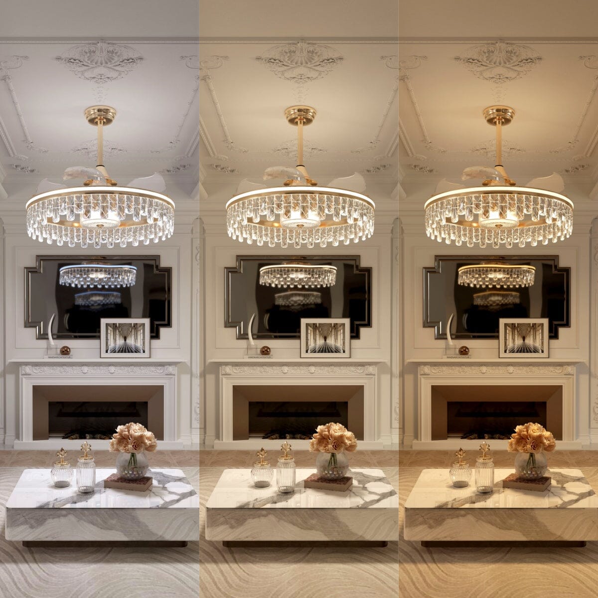 Gold crystal ceiling fan light remote and product accessory view