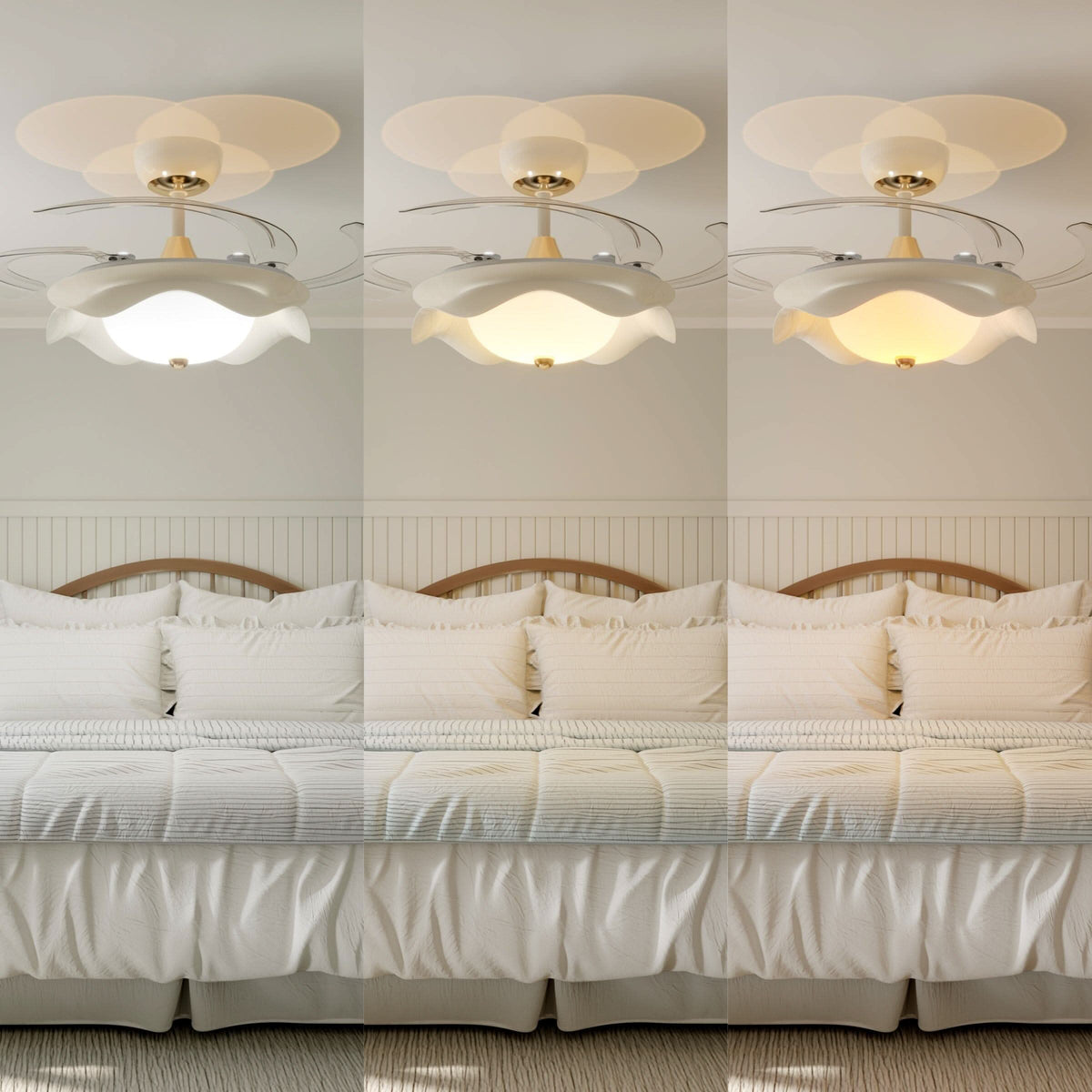 42 inch reversible ceiling fan with LED light cooling a bright bedroom