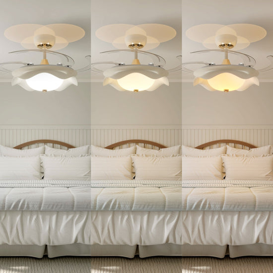 42 inch reversible ceiling fan with LED light cooling a bright bedroom