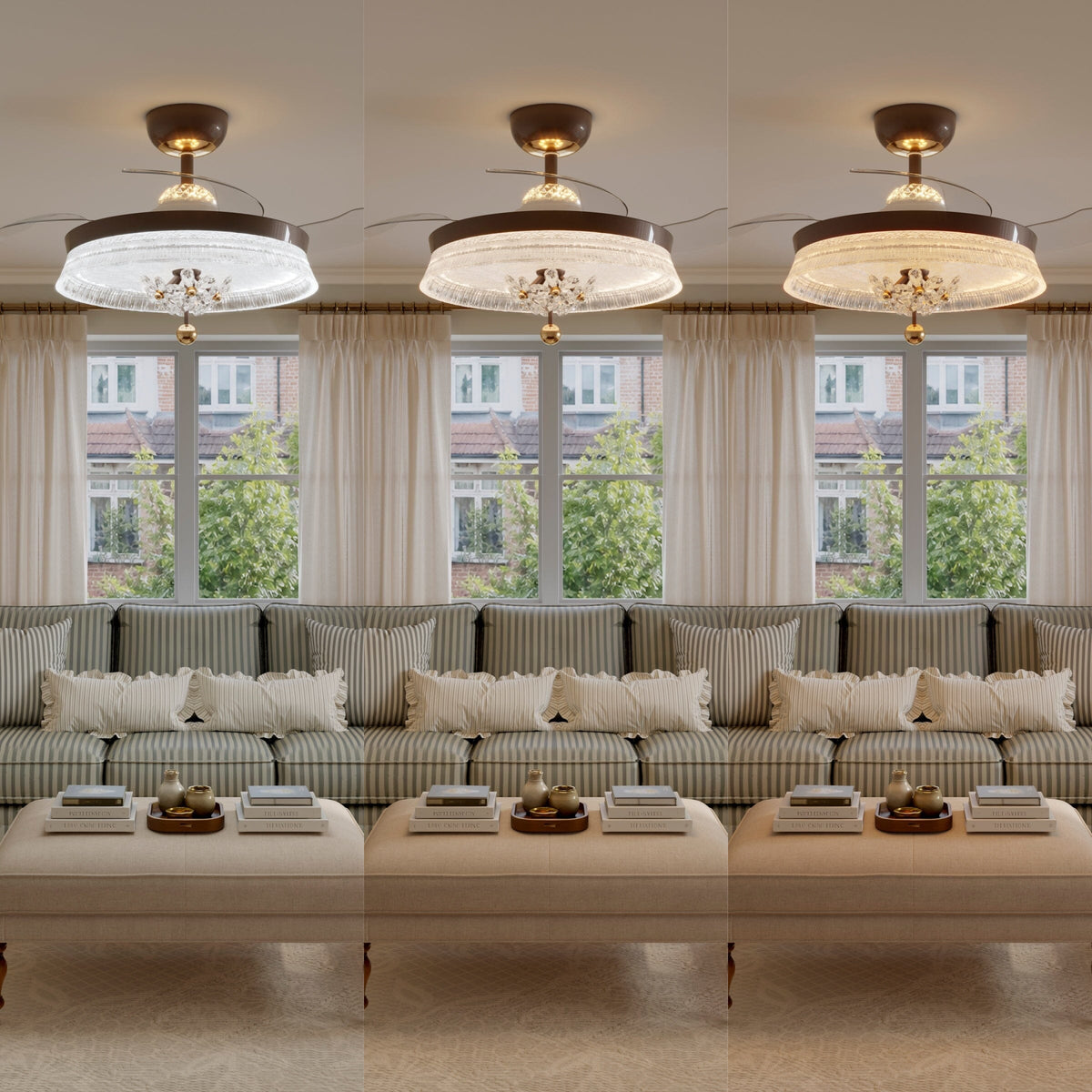 36 inch reversible ceiling fan with LED light in a neutral lounge setting