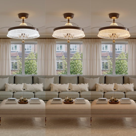 36 inch reversible ceiling fan with LED light in a neutral lounge setting