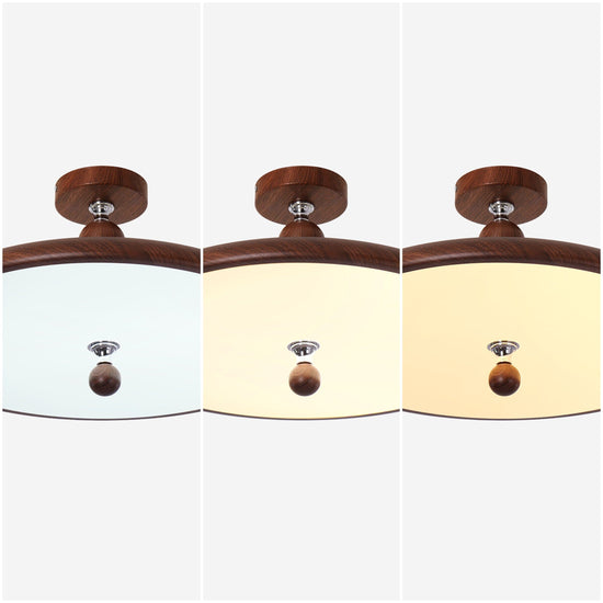walnut two-globe flush ceiling light adding warm light to a bedroom