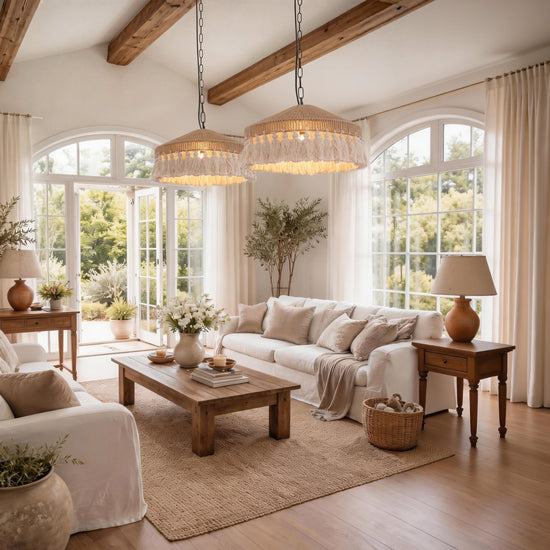 Boho Woven Pendant Light with Tassels, Handcrafted Hemp Rope Hanging Ceiling Light for Dining Room & Living Room