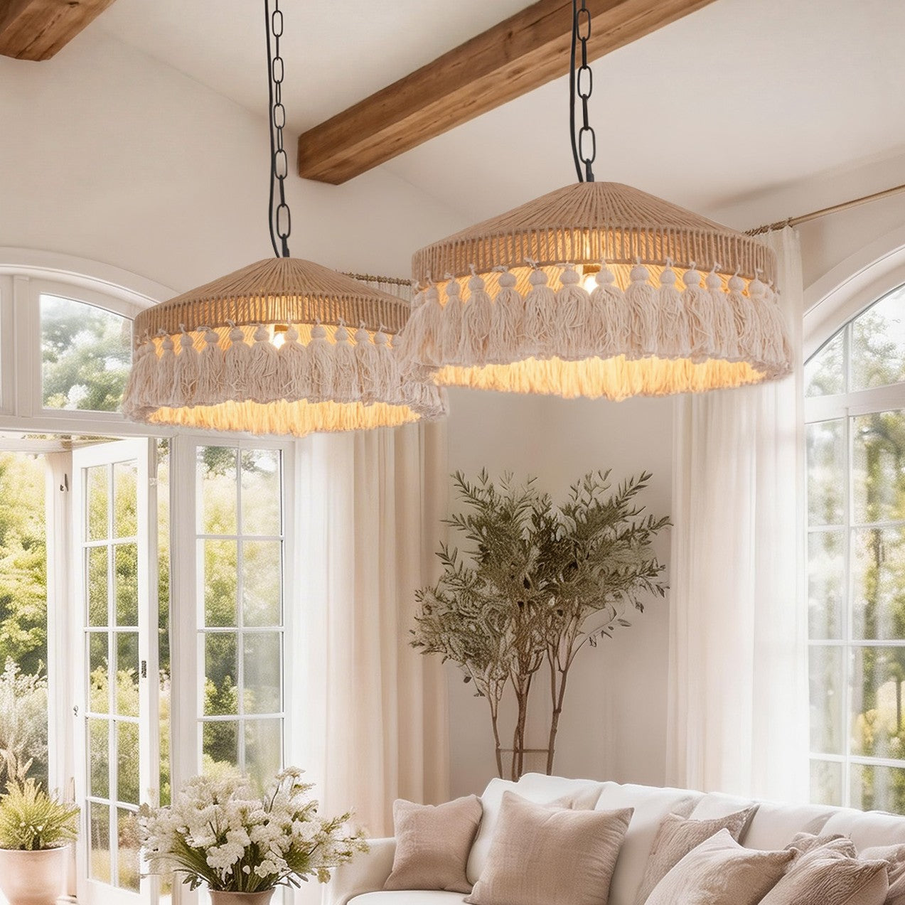 Boho Woven Pendant Light with Tassels, Handcrafted Hemp Rope Hanging Ceiling Light for Dining Room & Living Room