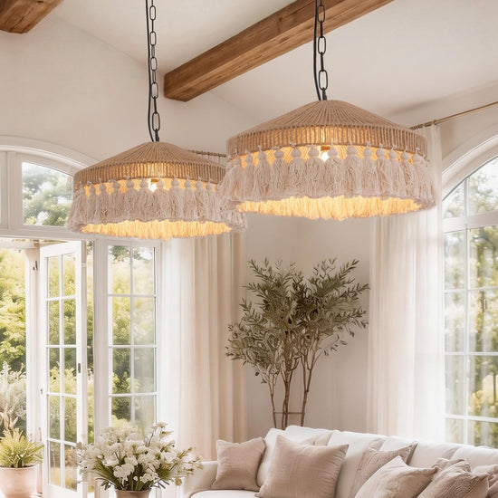 Boho Woven Pendant Light with Tassels, Handcrafted Hemp Rope Hanging Ceiling Light for Dining Room & Living Room