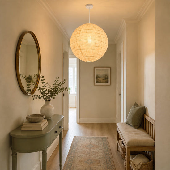 Wabi-Sabi Linen Spherical Pendant Light for Bedroom, Dining Room & Boho Interiors