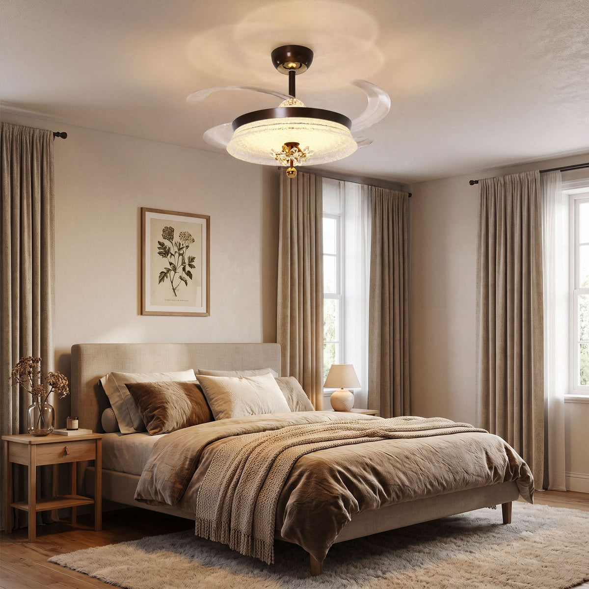 36 inch reversible ceiling fan with LED light installed in a living room